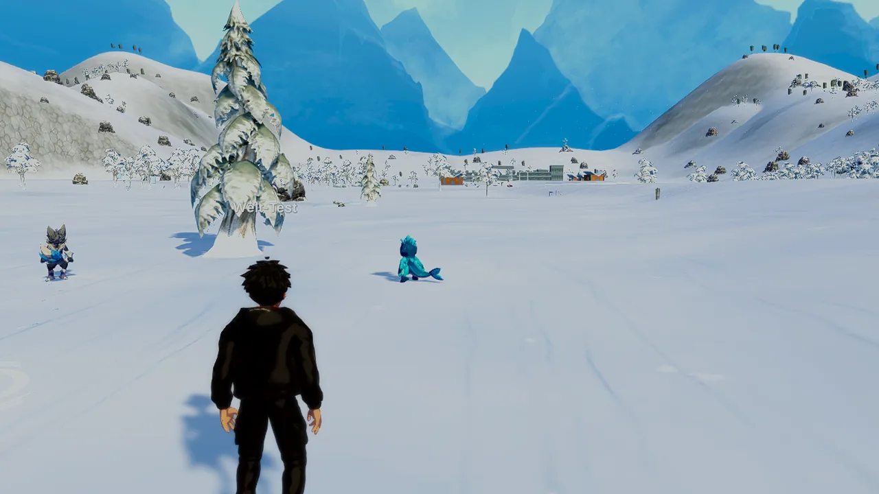 Die Spielfigur steht im Schnee des Frostreichs, vor ihr zwei kleine wilde Lumimon, dahinter verschneite Tannen und blaue Berge