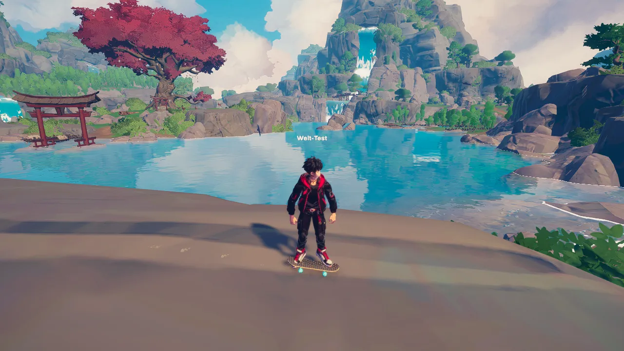 Die Spielfigur steht auf einem Skateboard am Seeufer, dahinter ein Baum mit roten Blättern, ein Torii-Tor und ein Wasserfall