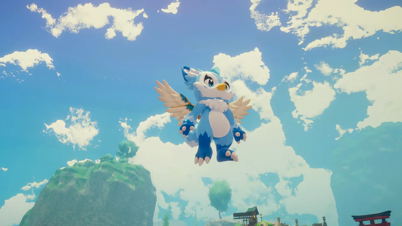 Frostschnibi fliegt mit Flügeln vor blauem Himmel, die Beine hängen locker nach unten