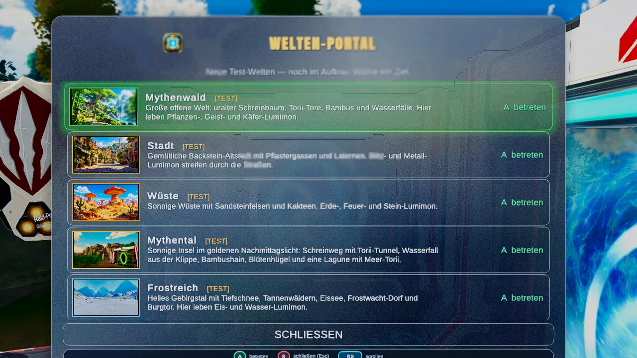Das Fenster „Welten-Portal“ mit fünf Test-Welten zur Auswahl: Mythenwald, Stadt, Wüste, Mythental und Frostreich